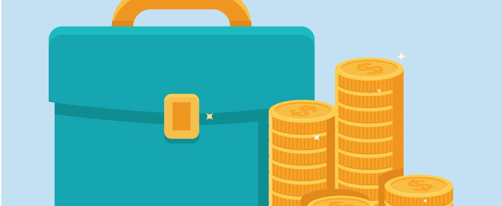 An illustration of a briefcase next to stacks of gold coin