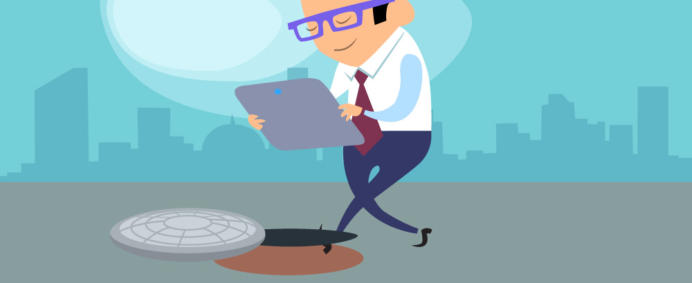 A cartoon man staring at his tablet is about to walk into an uncovered sewer or manhole