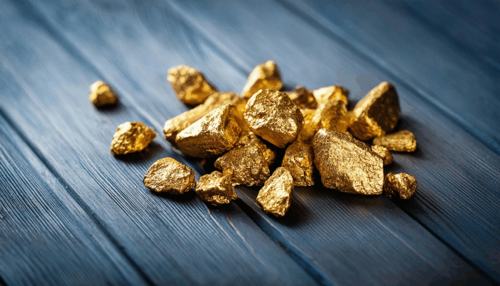 A pile of gold nuggets on a wooden table